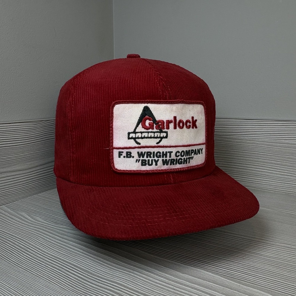 Vintage 80's Garlock Company  Hat Corduroy Workwear Cap Red Snapback Adjustable